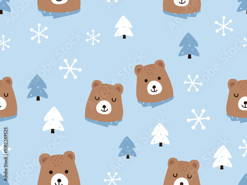 Christmas or New year seamless pattern with brown bear cartoons, pint tree and snowflakes on blue background vector.