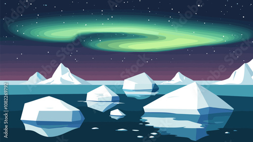 Northern Lights Over Arctic Icebergs