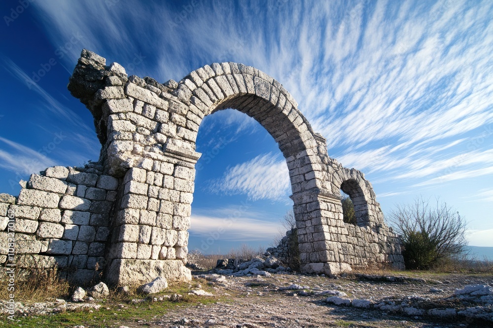 Ancient stone arch ruins under a dramatic sky with clouds. Ancient stone arch ruins under a dramatic sky with clouds.