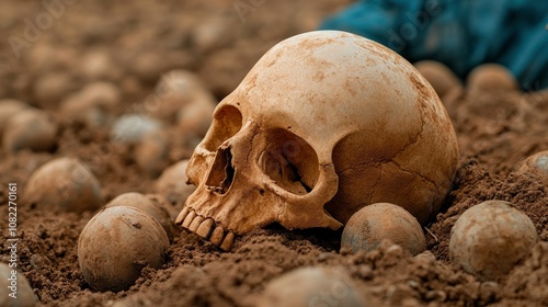 Human Skull Amongst Bones in the Earth