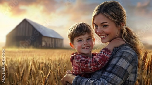 A joyful Caucasian mother holds her smiling son against a backdrop of golden wheat fields and a rustic barn.