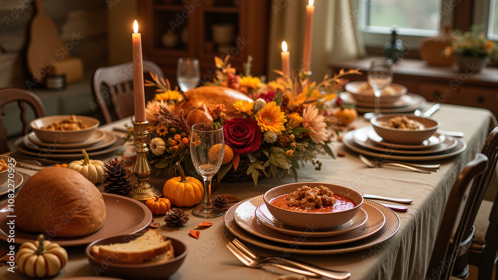 Elegant Thanksgiving Table Setting with Autumnal Festive Decor, Warm Lighting, and Seasonal Centerpieces for a Memorable Gathering Elegant Thanksgiving Table Setting with Autumnal Festive Decor, Warm Lighting, and Seasonal Centerpieces for a Memorable Gathering