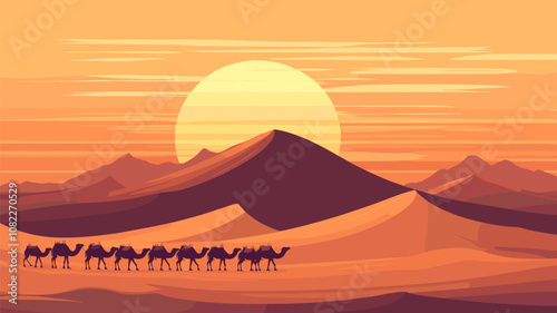 Camel Caravan in Desert Sunset