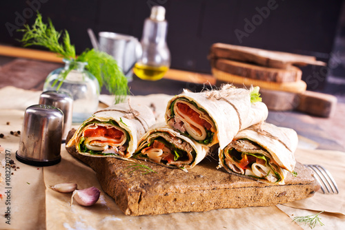 Sliced sandwich tortilla with tomatoes , salad , cream cheese and ham . photo