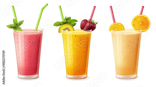 Three refreshing fruit smoothies in vibrant colors with garnishes, perfect for a summer day.