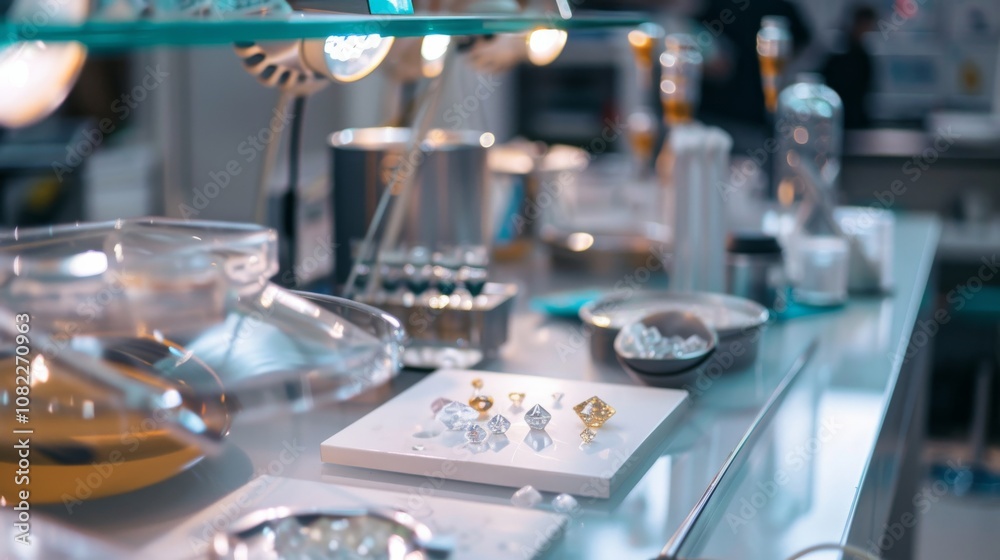 A clean gemstone polishing setup in a modern workshop, Gemstones and polishing tools precisely placed, Contemporary clean style A clean gemstone polishing setup in a modern workshop, Gemstones and polishing tools precisely placed, Contemporary clean style