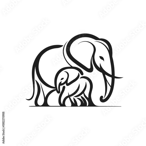 A black and white silhouette of elephant with baby, minimalist stroke, minimalist art style, vector, isolated, transparent background 
