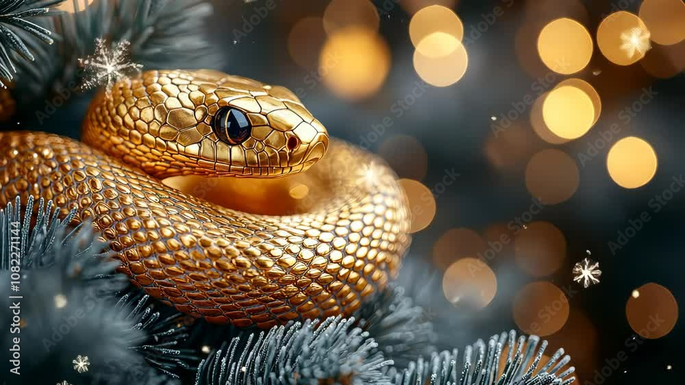 Golden snake resting on branch with falling snow