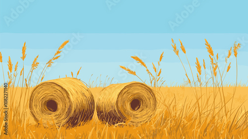 Hay Bales on Golden Wheat Field