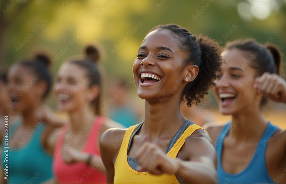 A close-up shot of a cheerful, diverse group of young people exercising outdoors, enjoying a fitness routine together A close-up shot of a cheerful, diverse group of young people exercising outdoors, enjoying a fitness routine together