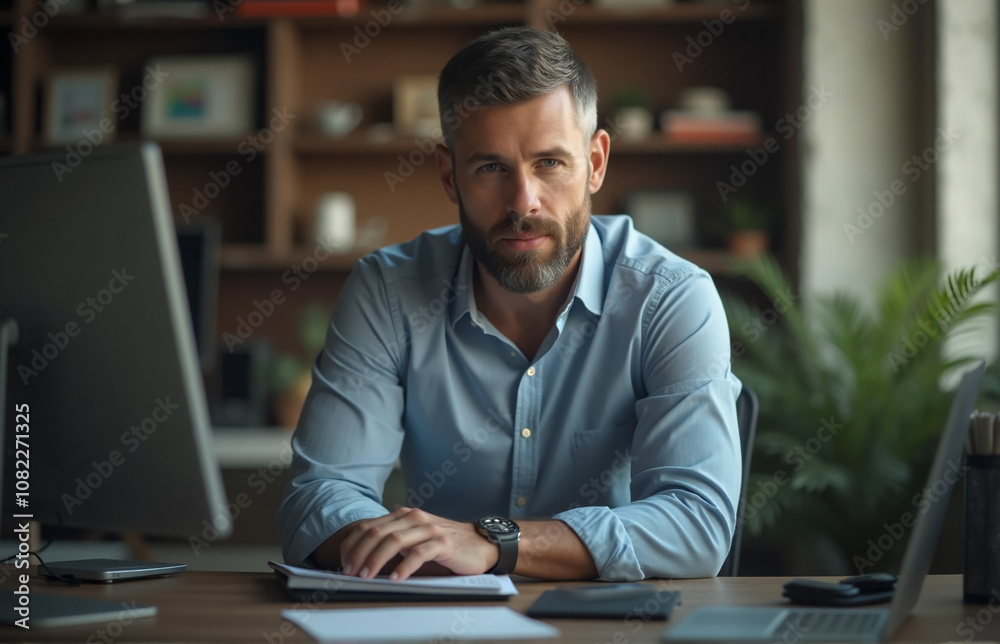 A focused, professional shot of a man sitting at his desk in an office, offering advisory services in finance while working on a computer A focused, professional shot of a man sitting at his desk in an office, offering advisory services in finance while working on a computer