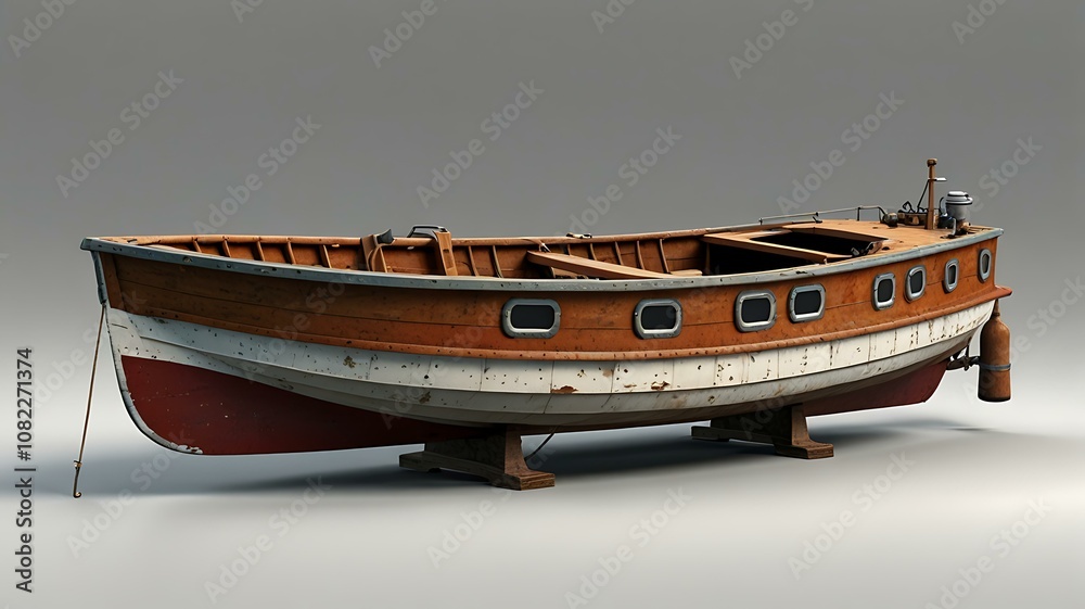 Top-down view of a fishing boat on a white background, displaying the boat’s open deck and fishing equipment, great for use in commercial marine visuals Top-down view of a fishing boat on a white background, displaying the boat’s open deck and fishing equipment, great for use in commercial marine visuals