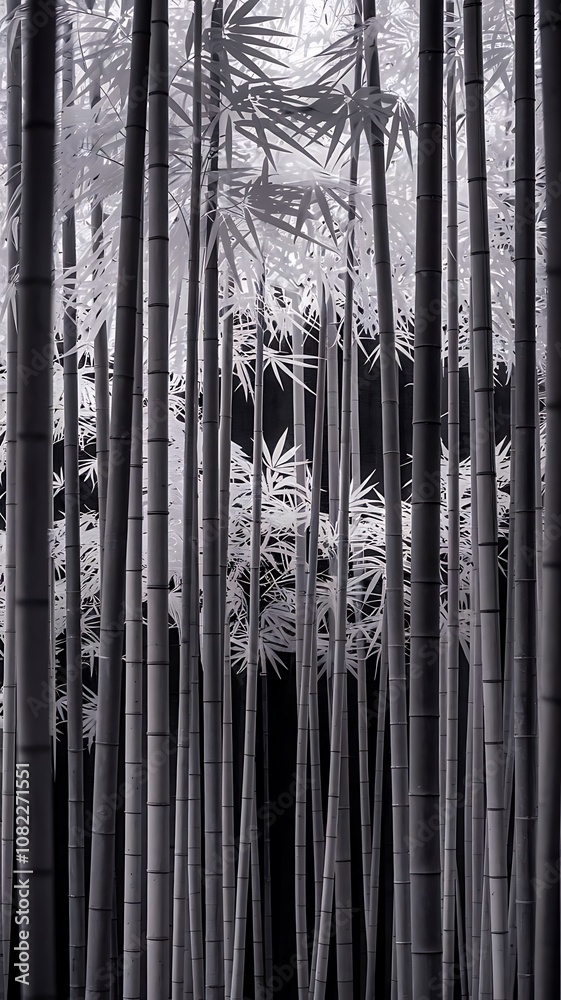 Obraz premium Monochrome Bamboo Forest Illustration with Mystical Shadows and Depth