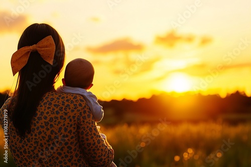 A mother holding her baby, enjoying a sunset in a serene outdoor setting.
