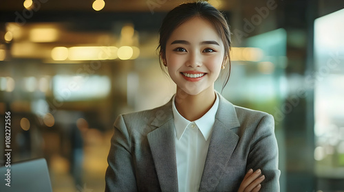 Smiling businesswoman confidently poses in modern office, arms crossed, showcasing professional success and corporate attire.