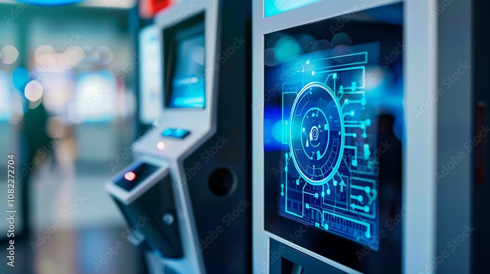 A modern ATM with a touchscreen interface and QR code scanner for digital currency transactions. A modern ATM with a touchscreen interface and QR code scanner for digital currency transactions.
