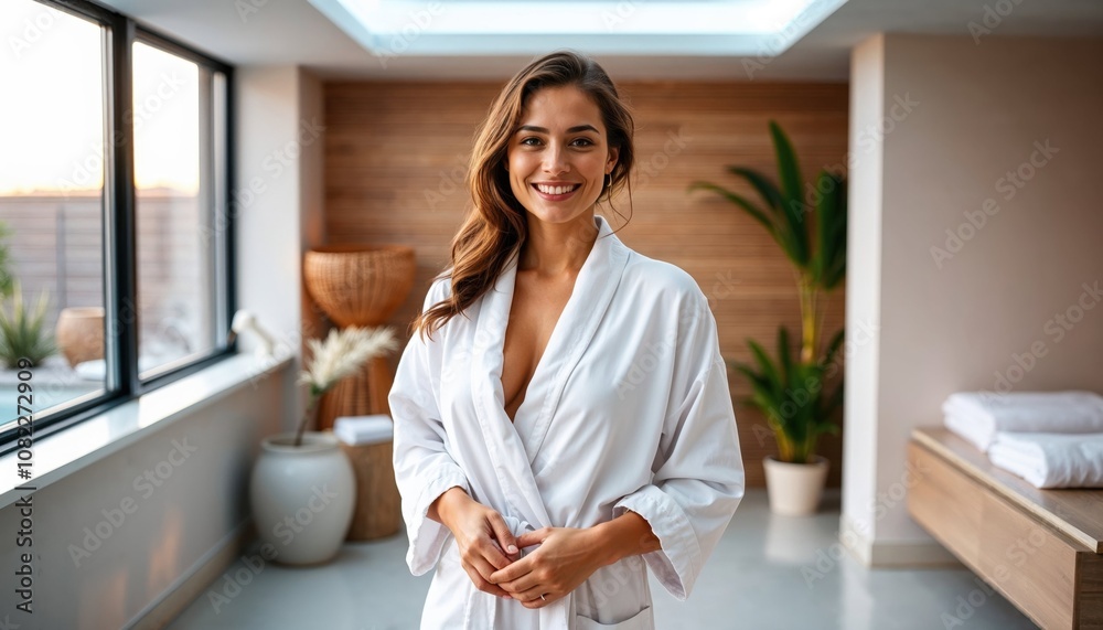 Smiling woman in a white robe enjoying a peaceful spa day in a bright, modern wellness center, radiating relaxation and tranquility Smiling woman in a white robe enjoying a peaceful spa day in a bright, modern wellness center, radiating relaxation and tranquility
