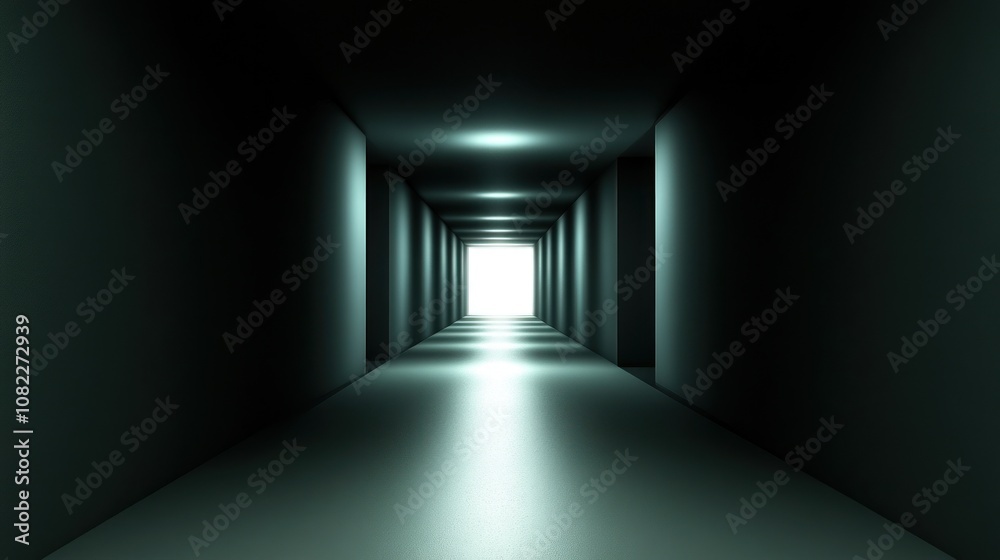 A long, dark hallway with a bright light at the end. A long, dark hallway with a bright light at the end.