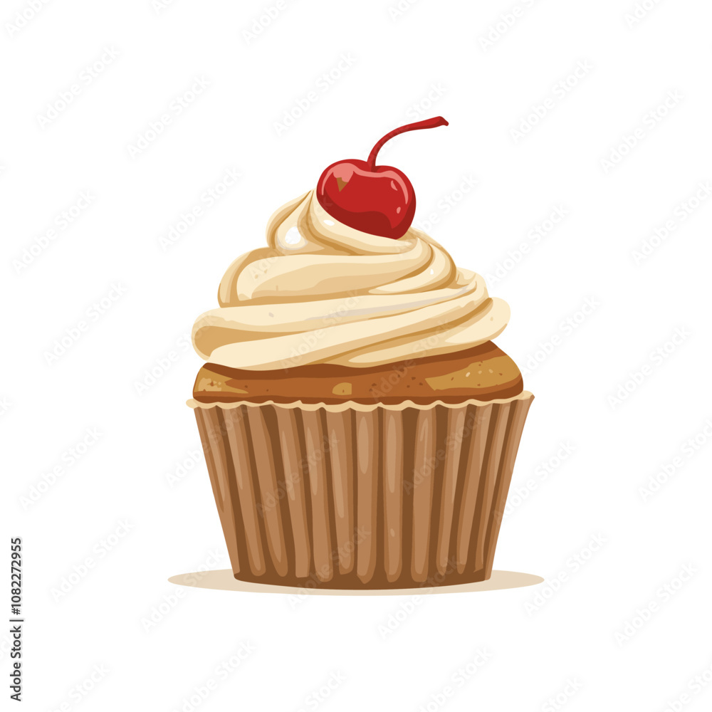 Cupcake with frosting and cherry, simple flat vector Cupcake with frosting and cherry, simple flat vector