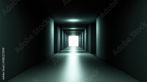 A long, dark hallway with a bright light at the end.