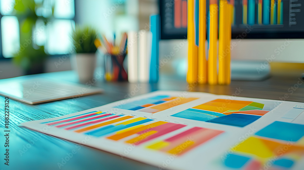 Colorful Charts and Graphs Displayed on Desk, Illustrating Business Data Analysis Colorful Charts and Graphs Displayed on Desk, Illustrating Business Data Analysis