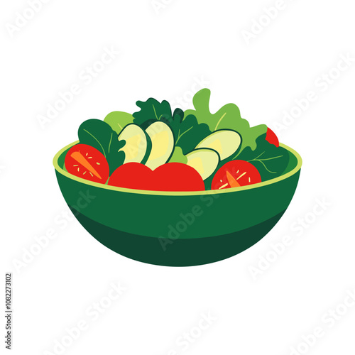 Salad bowl with mixed greens, tomatoes, and cucumbers, simple flat vector