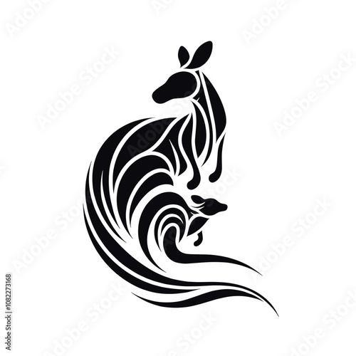 A black and white silhouette of kangaroo and baby kangaroo, minimalist stroke, minimalist art style, vector, isolated, transparent background
