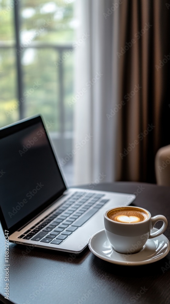 A laptop and a cup of coffee on a table, creating a cozy workspace atmosphere. A laptop and a cup of coffee on a table, creating a cozy workspace atmosphere.