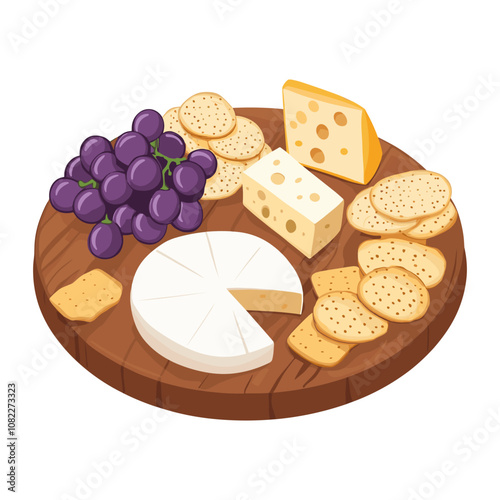 Cheese board with grapes, crackers, and assorted cheeses, simple flat vector