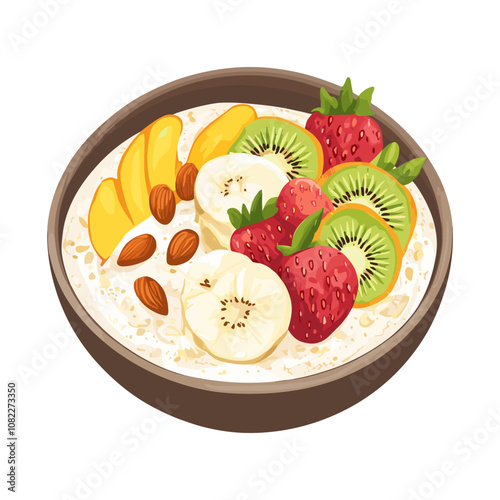 Bowl of oatmeal with fruits and nuts, simple flat vector