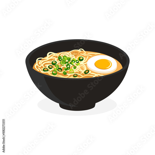 Ramen bowl with noodles, egg, and green onions, simple flat vector