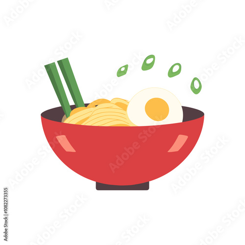 Ramen bowl with noodles, egg, and green onions, simple flat vector