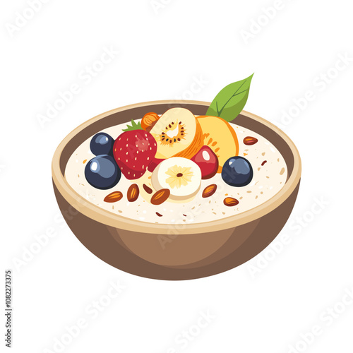 Bowl of oatmeal with fruits and nuts, simple flat vector