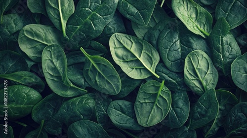 Fresh green spinach leaves arranged in a vibrant, textured display.