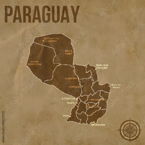 Vintage PARAGUAY Map with Regions Borders and Major Cities Positions