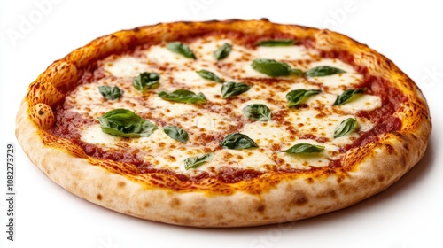 Delicious margherita pizza with fresh basil on a white background