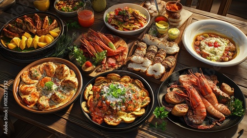 A vibrant spread of delicious seafood and Mediterranean dishes, showcasing an array of colors and textures.