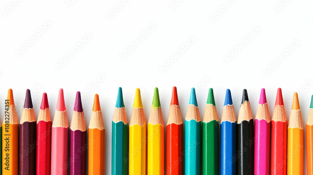 Colorful Pencils Arranged in a Row on White Background, Illustrative Image of Art Supplies Colorful Pencils Arranged in a Row on White Background, Illustrative Image of Art Supplies