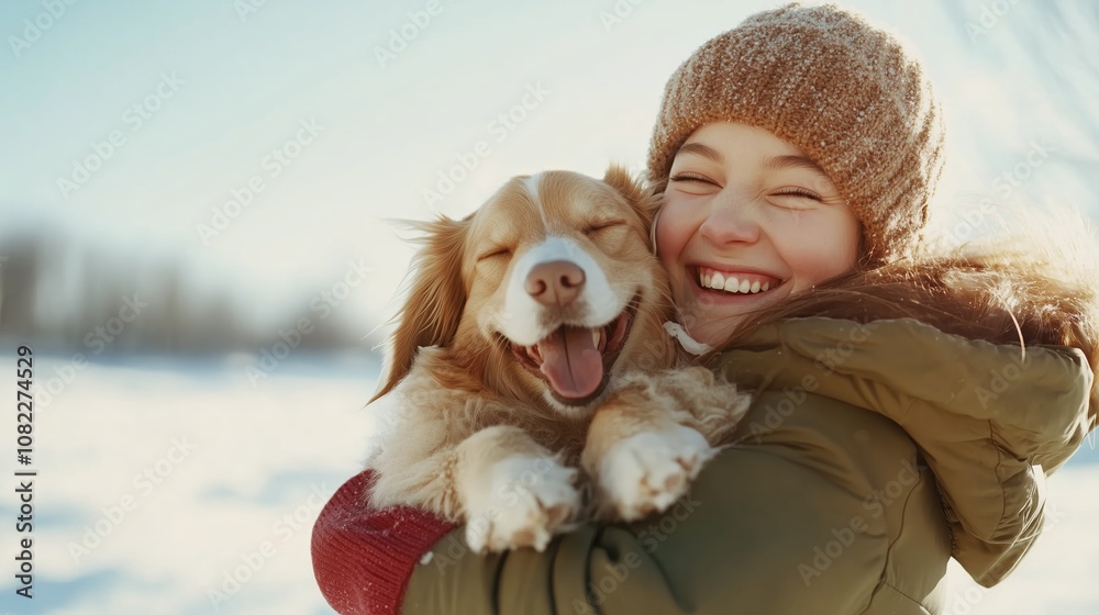 A woman in a winter hat holds her dog close, both smiling brightly in the snow A woman in a winter hat holds her dog close, both smiling brightly in the snow