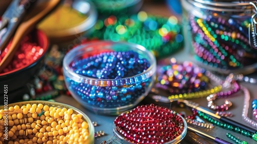 A cozy bead-making station with colorful beads and stringing tools, featuring a well-organized table with a variety of vibrant beads, pliers