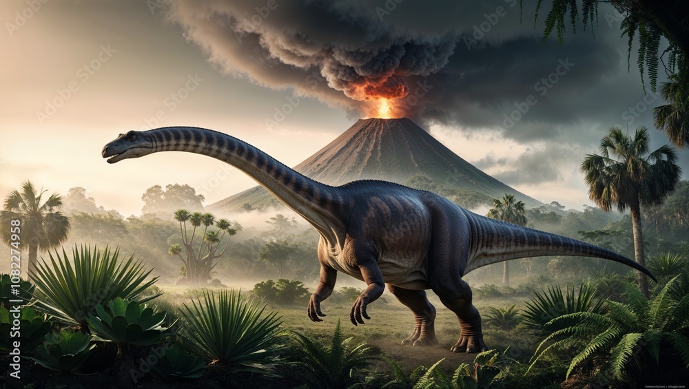 Fototapeta premium Diplodocus monster predator reptile. Realistic Illustration Showcasing the Diplodocus in a Serene Prehistoric Landscape AI generated. volcano with smoke