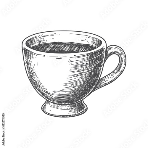 espresso coffee cup sketch engraving vector illustration. T-shirt apparel print design. Scratch board imitation. Black and white hand drawn image
