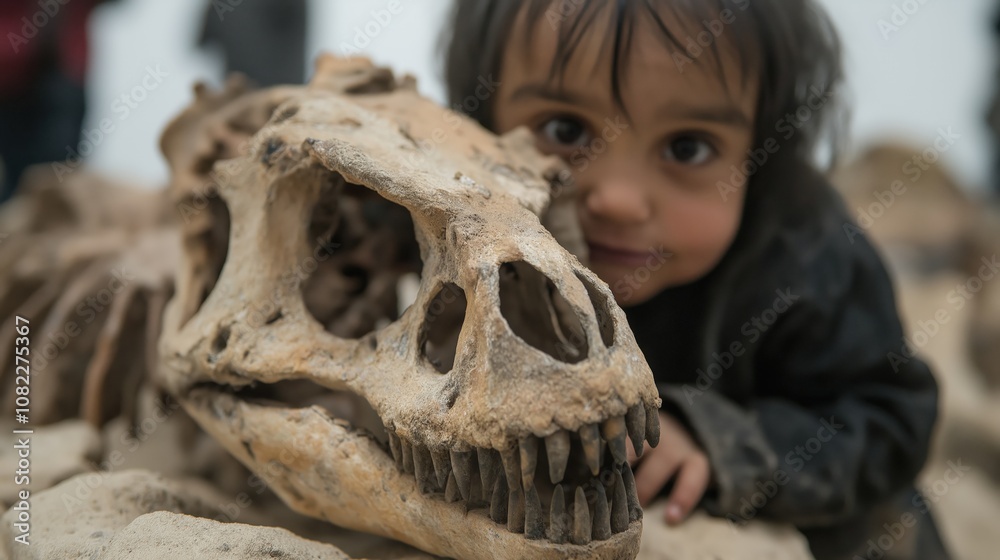 Child's curiosity beside ancient dinosaur skull in natural history museum exhibit Child's curiosity beside ancient dinosaur skull in natural history museum exhibit