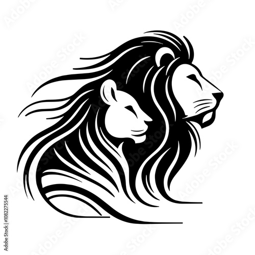 A black and white silhouette of lion and lioness, minimalist stroke, minimalist art style, vector, isolated, transparent background 