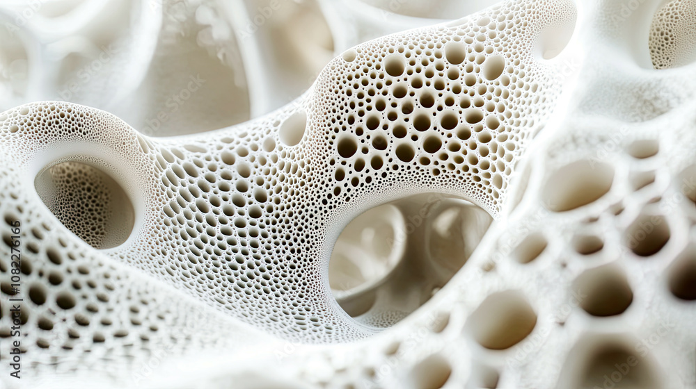 High-resolution close-up of bio-printed bone tissue scaffolding, intricate cellular patterns, futuristic lab setting High-resolution close-up of bio-printed bone tissue scaffolding, intricate cellular patterns, futuristic lab setting