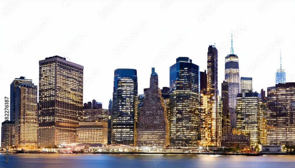Obraz premium New York City skyline at night with illuminated skyscrapers on an isolated white background. Concept of cityscape and urban design template