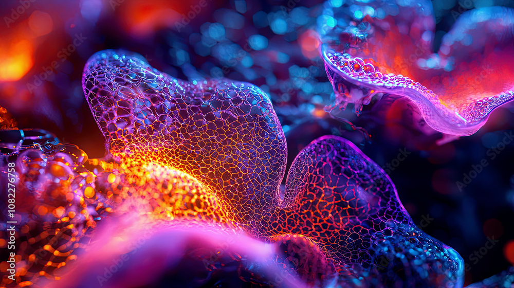 Fototapeta premium High-resolution close-up of bio-printed cartilage fibers, sharp focus on detailed cellular structures, glowing futuristic bioprinting lab 