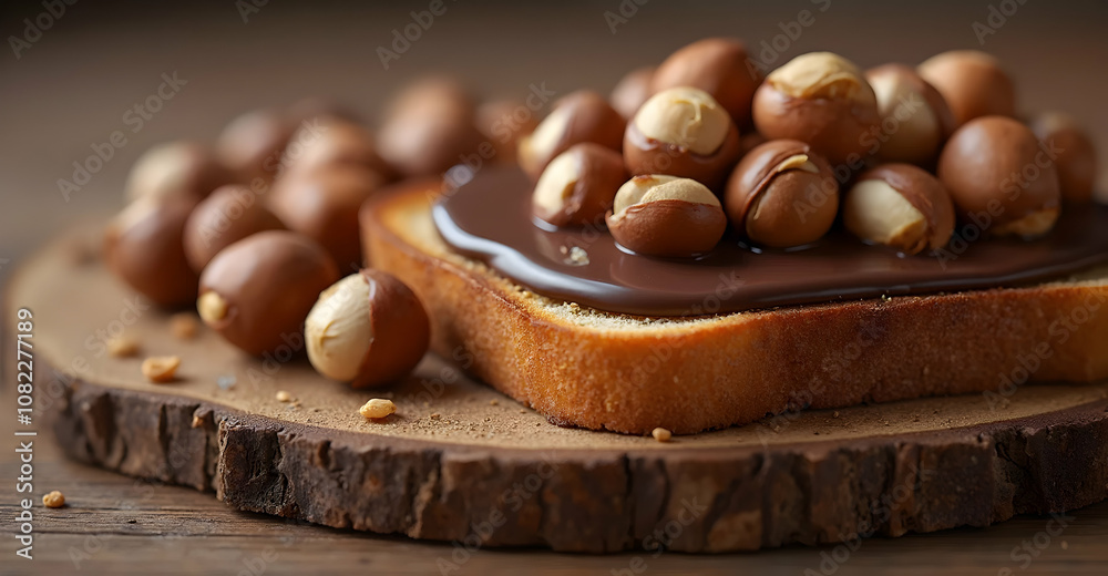 Chocolate topped bread with macadamia nuts cozy kitchen food photography rustic setting close-up perspective Chocolate topped bread with macadamia nuts cozy kitchen food photography rustic setting close-up perspective
