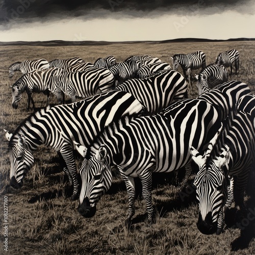 A herd of striking zebras stands together in a vast grassland, showcasing their unique black and white stripes against a moody sky. photo