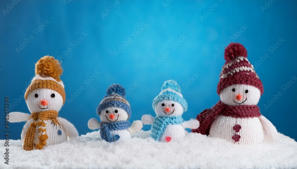 little knitted snowmans on soft snow on blue background little knitted snowmans on soft snow on blue background